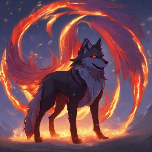 Prompt: fire elemental male wolf, feral vixen, kitsune, nine-tailed wolf, flame lilac fur, bright rainbow orang red mixed aurora eyes, periwinkle black ears, flame, falling coals, shattered fire, soft moonlight,stunning youthful vixen, gazing at viewer, gorgeous, muscular forelegs, flowing aurora hair, athletic, agile, small but absurdly powerful, enchanting, timid hyper realistic
