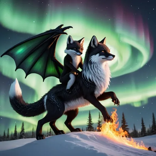Prompt: black and white fox riding a fire dragon with some fire and northern lights detailed hyper realistic the black and white fox and the dragon are in the sky the fire dragon has wings and a dragon tail make sure it has two dragon wings and one tail the black and white fox is riding the dragon there should be no blue green or purple. northern lights in the sky
