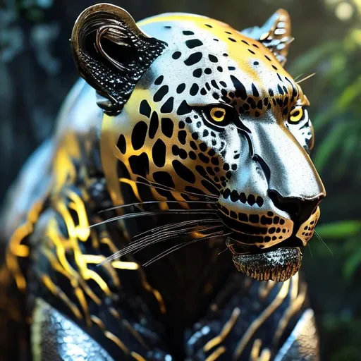 Prompt: Black leopard in silver armor with yellow gems, high-quality digital art, realistic, fierce and majestic, detailed fur with shiny reflections, intense and focused gaze, armor made of sleek silver metal with intricate details, jungle setting with dappled sunlight, highres, ultra-detailed, realistic, fierce, majestic, detailed fur, intense gaze, sleek silver armor, jungle setting, dappled sunlight, shiny reflections, yellow gems, professional, atmospheric lighting