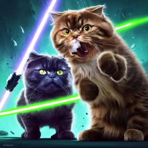 Prompt: Two Scottish Fold cats dueling with lightsabers, intense battle scene, high-contrast lighting, digital illustration, detailed fur, dynamic poses, vibrant colors, energetic, high quality, action-packed, fantasy, sci-fi, intense battle, sleek design, professional, energetic colors, dramatic lighting