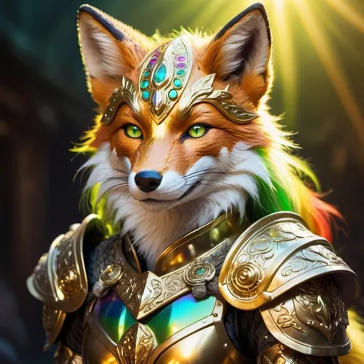 Prompt: Warrior fox with rainbow fur, bright green eyes, and gold armor, detailed fur with radiant reflections, fierce and confident expression, high-quality rendering, fantasy style, vibrant rainbow colors, majestic golden armor with intricate details, mystical atmospheric lighting