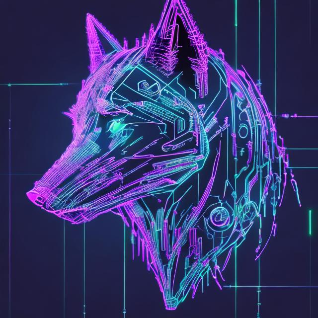 Prompt: Cute black wolf robot outlined in teal wireframe light, bright purple auras, neon features, extremely detailed, futuristic, cyberpunk, high-tech, glowing purple neon, detailed fur and mechanics, futuristic cityscape, best quality, highres, ultra-detailed, cyberpunk, neon, futuristic, detailed, bright purple, teal wireframe, robotic wolf, cute design, professional, atmospheric lighting