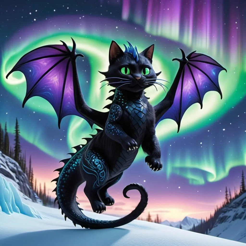 Prompt: black and blue cat riding a green and purple fire dragon with some fire and northern lights detailed hyper realistic the black and blue cat and the dragon are in the sky the ice dragon has wings and a dragon tail make sure it has two dragon wings and one tail the black and blue cat is riding the dragon there should be no red orange or yellow. northern lights in the sky
