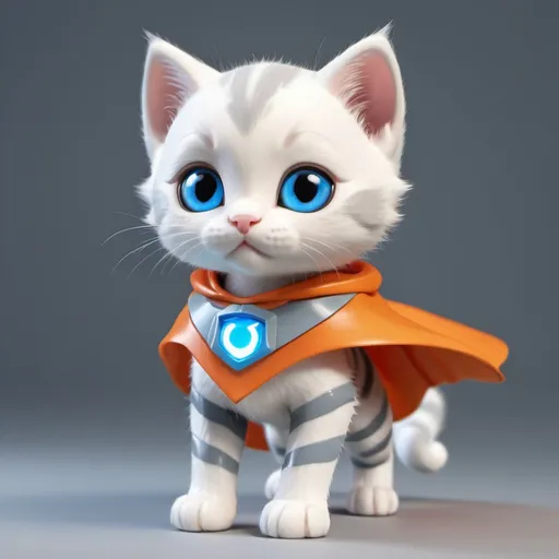 Prompt: white kitten with gray stripes orange cape with glowing blue eyes body floating animie