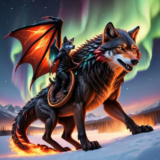 Prompt: black and red wolf riding a orang and yellow fire dragon with some ice and northern lights detailed hyper realistic the black and red wolf and the dragon are in the sky the fire dragon has wings and a dragon tail make sure it has dragon wings and tail the black and red wolf is riding the dragon there should be no blue. northern lights in the sky
