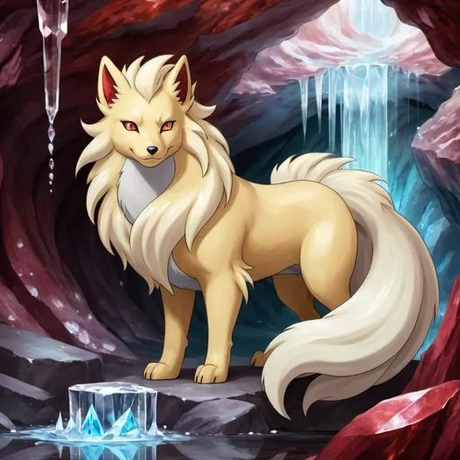 Prompt: portrait of a beautiful Ninetales, with glistening gold fur and deep crimson eyes, in a crystal cave with a crystal waterfall in the background, gorgeous, warm, stunning, pokemon Ninetales, ice fox realy detailed
