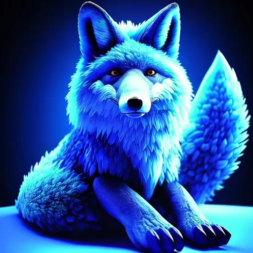 Prompt: Realistic 3D rendering of a blue fox, vibrant blue fur with silver highlights, playing video games in a cozy living room, intense focus, console controller in paw, colorful gaming setup, high-res, detailed fur, realistic lighting, 3D rendering, professional, cozy atmosphere