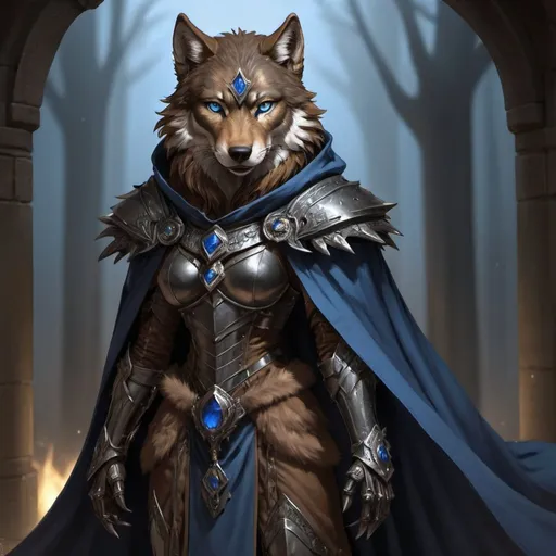 Prompt: (masterpiece),wolf (best quality:1.2), (intricate detail), dynamic angle, looking at viewer, (1female), ((solo)), (((full body))), (slender), (((tabaxi))), (((black and brown fur))), ((blue pupils)), (((light armor))), black armor, ((cloak)), mysterious, ((ominous expression)) wolf
