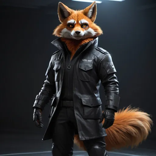 Prompt: vulpera, dark fur, anthropomorphic, full body, sci fi agent, uhd, photorealistic, very detailed
