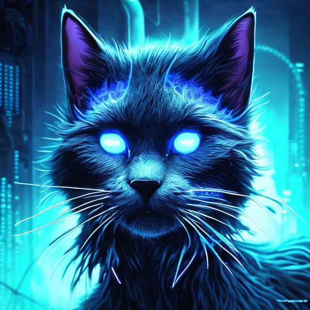 Prompt: Detailed sci-fi illustration of a dark blue cat accents of light blue, futuristic setting, glowing neon lights, detailed fur with cool reflections, intense and focused gaze, high-tech cybernetic enhancements, best quality, highres, ultra-detailed, sci-fi, futuristic, detailed fur, intense gaze, cybernetic enhancements, cool tones, atmospheric lighting