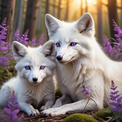 Prompt: Detailed illustration of a majestic white foxes with accents of purple and blue white foxes and two cubs in a lush forest clearing at sunset, warm and vibrant color tones, high quality, realistic, detailed fur, serene atmosphere, focused mother  white foxes, peaceful sunset, sleepy cub, sitting cub, forest setting, natural lighting lots of flowers around the white foxes all of the white foxes have accents of purple and blue and gold eyes the white foxes (bright lighting) no trees blocking the sunset