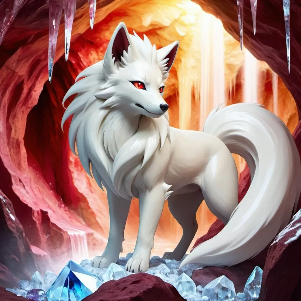 Prompt: portrait of a beautiful Ninetales, with glistening gold fur and deep crimson eyes, in a crystal cave with a crystal waterfall in the background, gorgeous, warm, stunning, pokemon Ninetales, ice fox realy detailed
