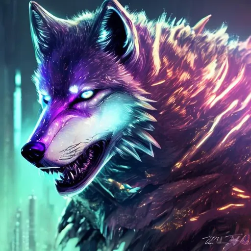 Prompt: Bright gold sci-fi wolf, metallic fur with hints of light purple, futuristic setting with neon accents, detailed eyes with a piercing gaze, high-tech cybernetic enhancements, best quality, highres, ultra-detailed, sci-fi, futuristic, metallic fur, detailed eyes, neon accents, bright gold, light purple, cybernetic enhancements, atmospheric lighting