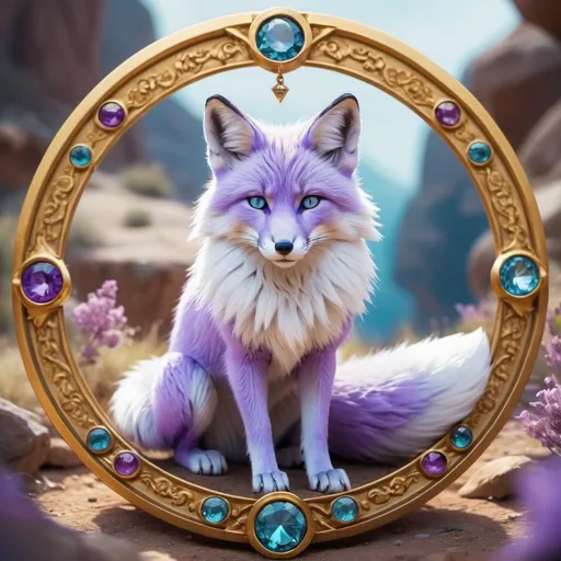 Prompt: (best quality:1.4), (masterpiece:1.4), ((Calarts style)), fluffy lilac Fox, Fox, 9 tailed fox, jewelry with precious stones, dazzling crystal blue eyes, lush canyon, standing on a magic circle, vibrant colors, concept art style, high quality, extreme detail, blur, depth of field, and blurred foreground, glitch-free, UHD, trending, professional shading, golden ratio, complementary colors 
