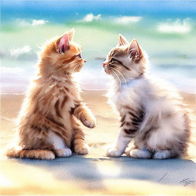 Prompt: Playful scene of two kittens on the beach, sandy shore with gentle waves, soft pastel colors, high quality, detailed fur, cute and lively, sunny and bright, realistic, watercolor style, kittens playing joyfully, sandy paws, peaceful atmosphere, adorable interactions, beautiful sunlight, beach scene, kittens, sandy shore, watercolor, detailed fur, pastel colors, playful, sunny, peaceful atmosphere