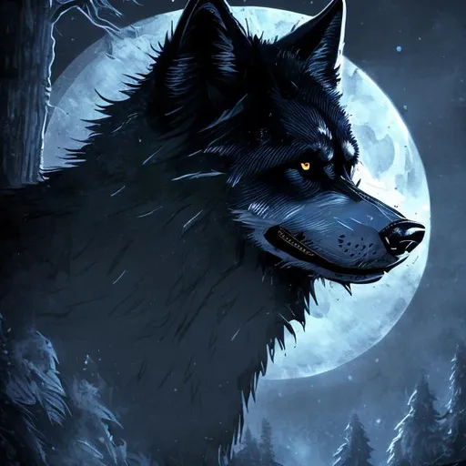 Prompt: Detailed highres illustration of a majestic black wolf, cool blue accents, realistic fur details, intense and piercing gaze, mystical forest setting, moonlight casting a blue glow, best quality, detailed fur, cool tones, atmospheric lighting