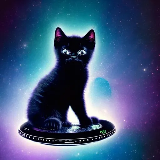 Prompt: a light up black kitten in space on a 
ufo
