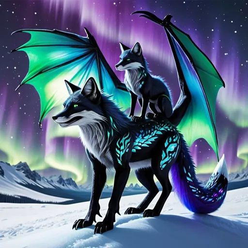 Prompt: black and blue fox riding a green and purple fire dragon with some fire and northern lights detailed hyper realistic the black and blue fox and the dragon are in the sky the ice dragon has wings and a dragon tail make sure it has two dragon wings and one tail the black and blue fox is riding the dragon there should be no red orange or yellow. northern lights in the sky
