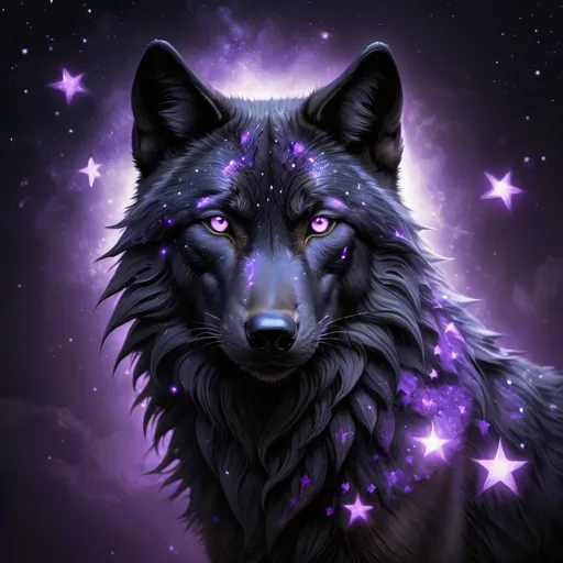 Prompt: Black wolf with glowing purple stars, mystical fantasy theme, highres, detailed fur, atmospheric lighting, fantasy, mystical, detailed eyes, sleek design, professional, glowing purple stars, cool tones, detailed fur, atmospheric lighting