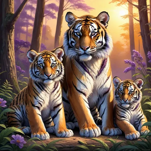 Prompt: Detailed illustration of a majestic tiger and two cubs in a lush forest clearing at sunset, warm and vibrant color tones, high quality, realistic, detailed fur, serene atmosphere, focused mother tiger, peaceful sunset, sleepy cub, sitting cub, forest setting, natural lighting lots of flowers around the tigers all of the tigers have accents of purple and blue and gold eyes 