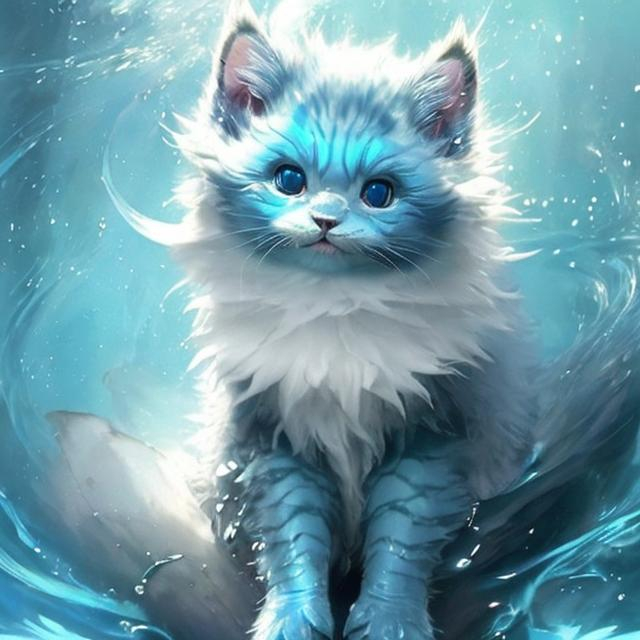 Prompt: very Cute, blue, fluffy, water kitten, possessing the element of water and making circles of water move around in the air in a magical way. Perfect features, extremely detailed, realistic. Krenz Cushart + loish +gaston bussiere +craig mullins, j. c. leyendecker +Artgerm.