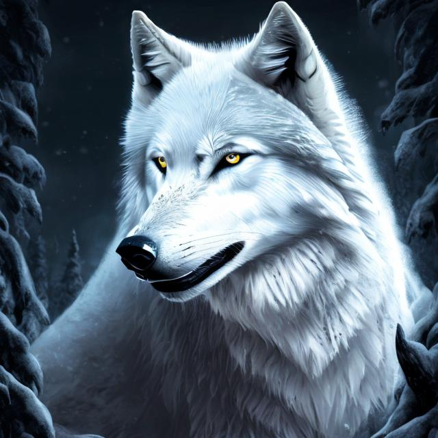 Prompt: Detailed highres illustration of a majestic white wolf, cool black accents, realistic fur details, intense and piercing gaze, mystical forest setting, moonlight casting a black glow, best quality, detailed fur, cool tones, atmospheric lighting