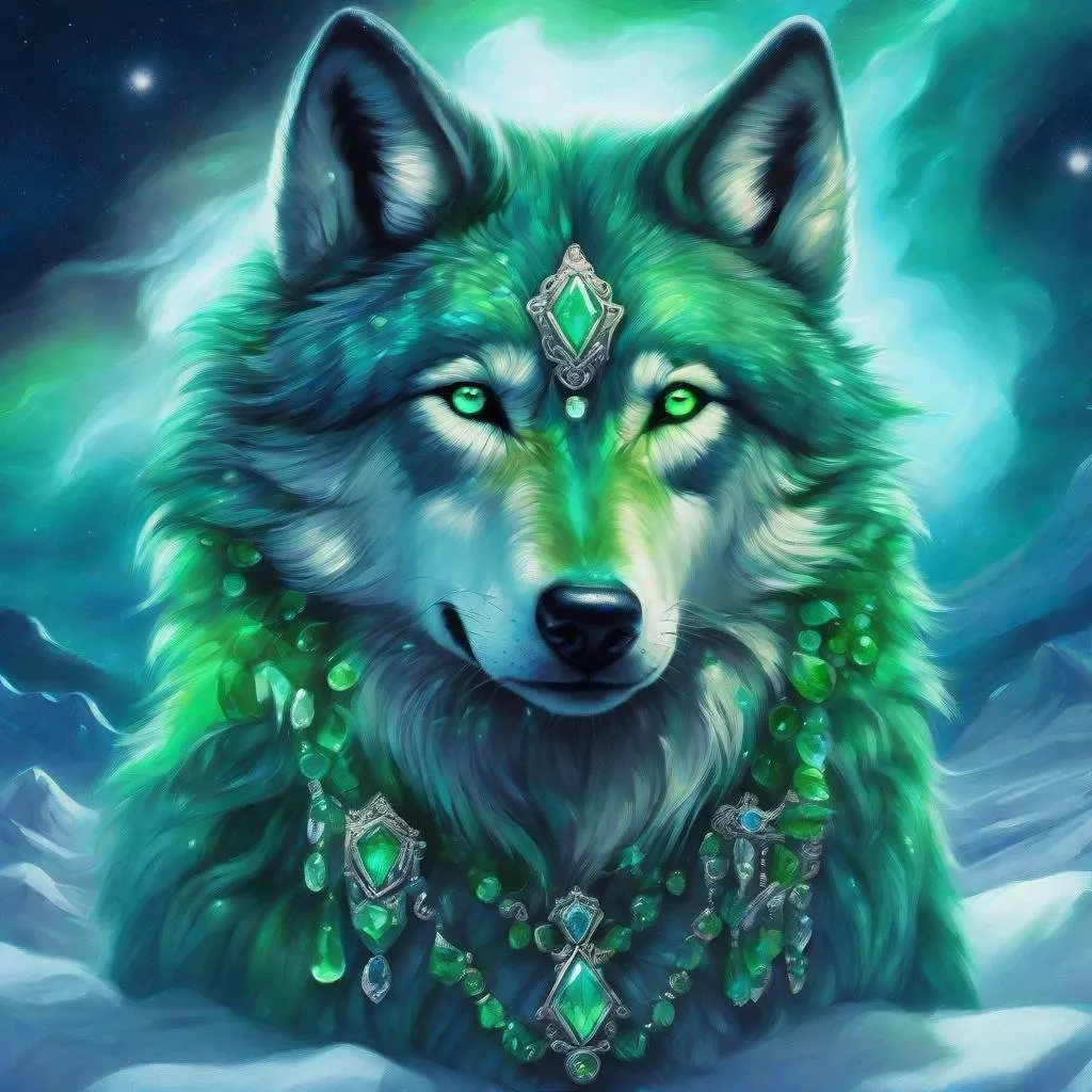 Prompt: blue and green wolf with emerald gems around it green  gems around) northern lights in the sky detailed hyper realistic the green and blue wolf is fluffy and fierce(lots of green like emerald gems in the sky around the wolf but you can still see the wolf don't cover the wolf with gems northern lights in the sky  make sure you can also see the northern light
