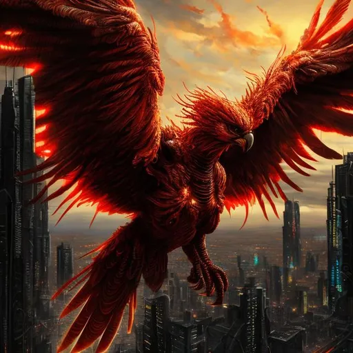 Prompt: High-res, ultra-detailed, sci-fi red Phoenix with a human-like body, intricate black accents, majestic wingspan, intense fiery gaze, futuristic setting, vibrant red tones, atmospheric lighting, detailed feathers, professional, digital art, cyberpunk, futuristic, intense, fiery eyes, futuristic cityscape, detailed plumage, dramatic lighting