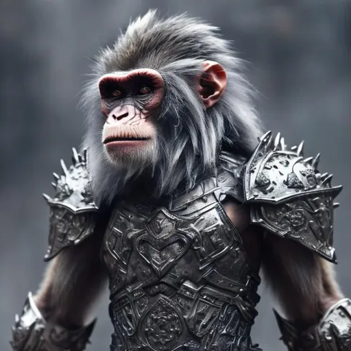 Prompt: Warrior monkey in detailed gray armor, fierce expression, battle-ready stance, high quality, detailed, realistic, warrior, monkey, gray armor, detailed design, battle stance, fierce expression, metallic textures, intense gaze, intricate armor plating, professional, atmospheric lighting