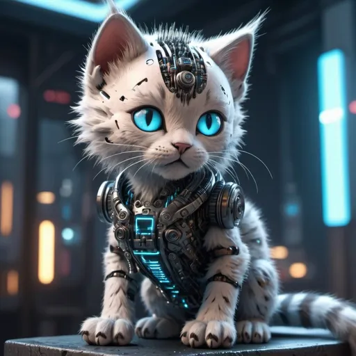 Prompt: Highly detailed kittenpunk scene, hyper-realistic 4K rendering, volumetric lighting, HD quality, futuristic cityscape backdrop, mechanical feline with intricate joints and circuit patterns, cool-toned futuristic atmosphere, detailed fur with lifelike textures, cyberpunk aesthetic, ultra-detailed, volumetric lighting, professional rendering, HD, 4K blue eyes