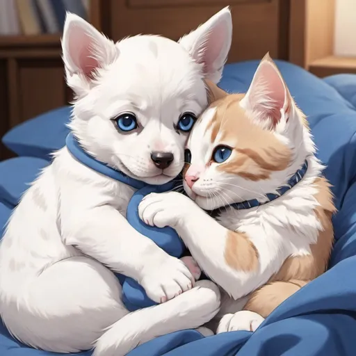 Prompt: a puppy and a kitten both blue and white they are snugging anime