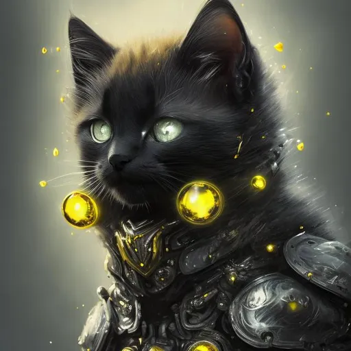 Prompt: Black kitten in gray armor with yellow gems, digital illustration, detailed fur with metallic reflections, intense and focused gaze, futuristic fantasy style, cool tones, highres, ultra-detailed, digital illustration, sci-fi, fantasy, detailed eyes, sleek design, professional, atmospheric lighting