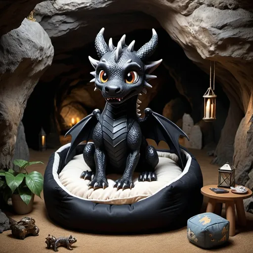 Prompt: a cute black dragon in a dog bed in a cave with furniture around the cave the black dragon is in the dog bed detailed cute realistic 