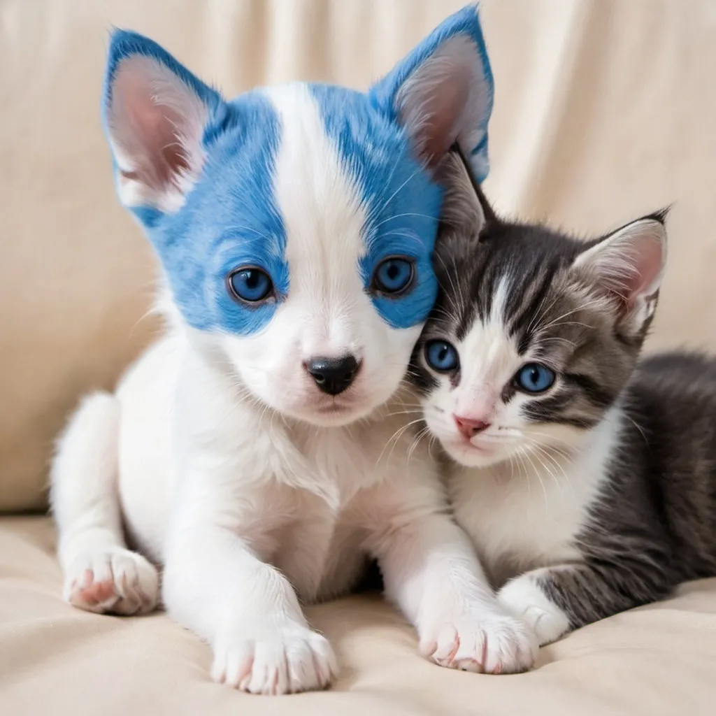 Prompt: a puppy and a kitten both blue with white they are snugging anime