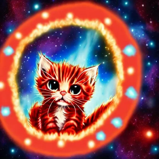 Prompt: a light up red kitten in space