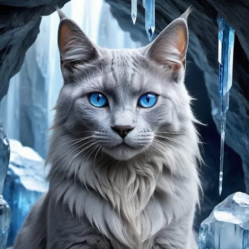 Prompt: portrait of Bluestar, warrior cats by Erin Hunter, with glistening Russian blue fur and glaring sapphire eyes, thick blue mane, in a crystal cave with a crystal waterfall in the background, gorgeous, cold, stunning, ice element
