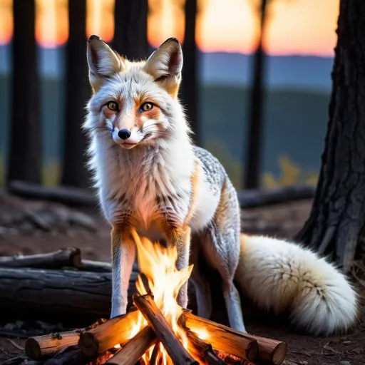 Prompt: white and gray fox near a camp fire the fox has glowing eyes siting beside  the fox is a fox the fox has glowing blue eyes with some trees on the sides and a sunset