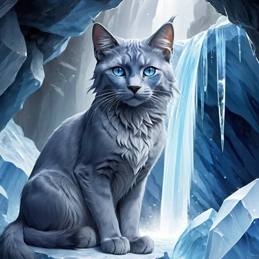 Prompt: portrait of Bluestar, warrior cats by Erin Hunter, with glistening Russian blue fur and glaring sapphire eyes, thick blue mane, in a crystal cave with a crystal waterfall in the background, gorgeous, cold, stunning, ice element
