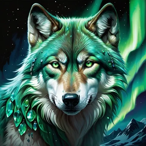 Prompt: blue and green wolf with emerald gems around it green  gems around) northern lights in the sky detailed hyper realistic the green and blue wolf is fluffy and fierce(lots of green like emerald gems in the sky around the wolf but you can still see the wolf don't cover the wolf with gems northern lights in the sky  make sure you can also see the northern light