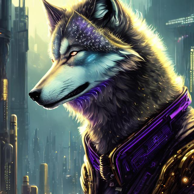 Prompt: Gold and light purple sci-fi wolf, ultra-detailed fur with golden highlights, futuristic cyberpunk city backdrop, intense and piercing gaze, high-tech collar emitting a soft purple light, best quality, highres, detailed fur, sci-fi, cyberpunk, futuristic, intense gaze, golden highlights, atmospheric lighting