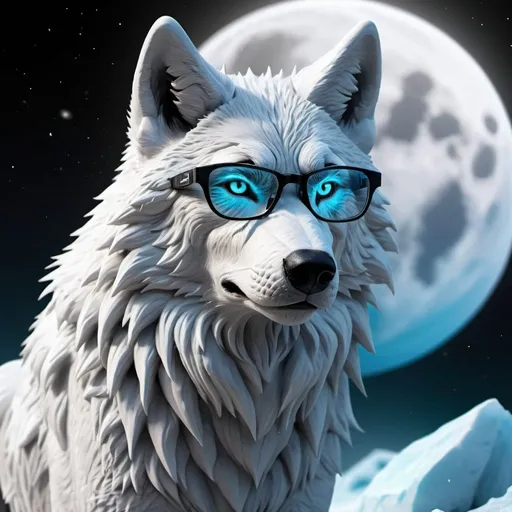 Prompt: Sci-fi ice wolf, hyper-realistic ice wolf with detailed eyes, intricate detailed whispy fur, black and white fur, full color spectrum , scientific glasses, space background, full moon, 3d avatar, show body, serious looking, Business style, looking at sky, youtube logo , stream ready, rounded shimmering eyes
ice wolf