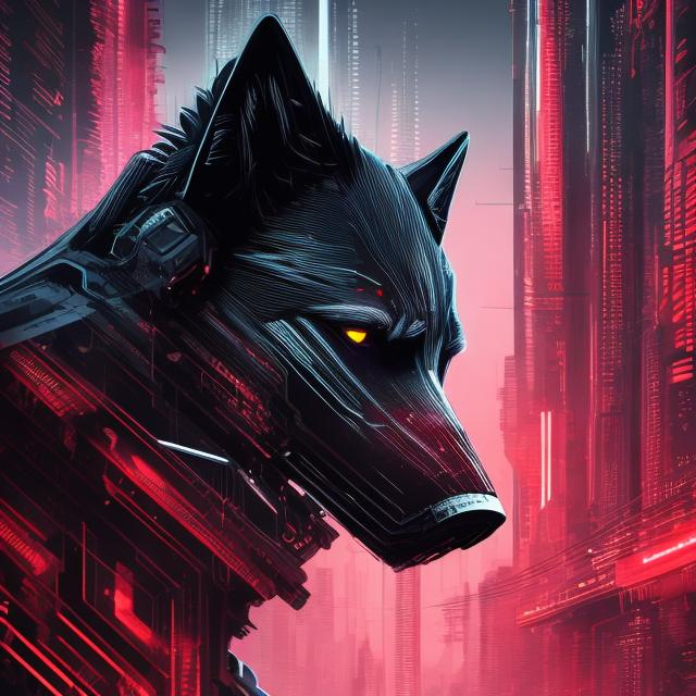 Prompt: Sci-fi digital illustration of a sleek black wolf, accents of red, futuristic cyberpunk setting, detailed fur with futuristic accents, intense and focused gaze, high-tech collar, city lights casting a cool red glow, best quality, highres, ultra-detailed, sci-fi, cyberpunk, detailed eyes, sleek design, professional, atmospheric lighting, red accents