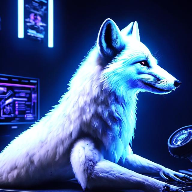 Prompt: White fox playing video games, detailed fur with cool reflections, intense and focused gaze, high-tech gaming setup, futuristic neon lighting, best quality, ultra-detailed, realistic, cool tones, professional, atmospheric lighting