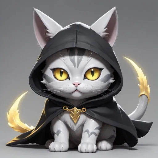 Prompt: silver cat with a black cloak black hood over its head its cat ears are pokeing out of the hood and you can see its glowing gold eyes dragon wings on the gray cat
