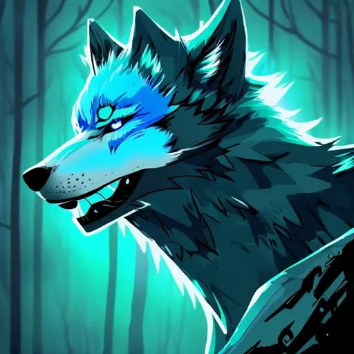 Prompt: sci fi light blue wolf with accents of black detailed in a bright green forest good lighting