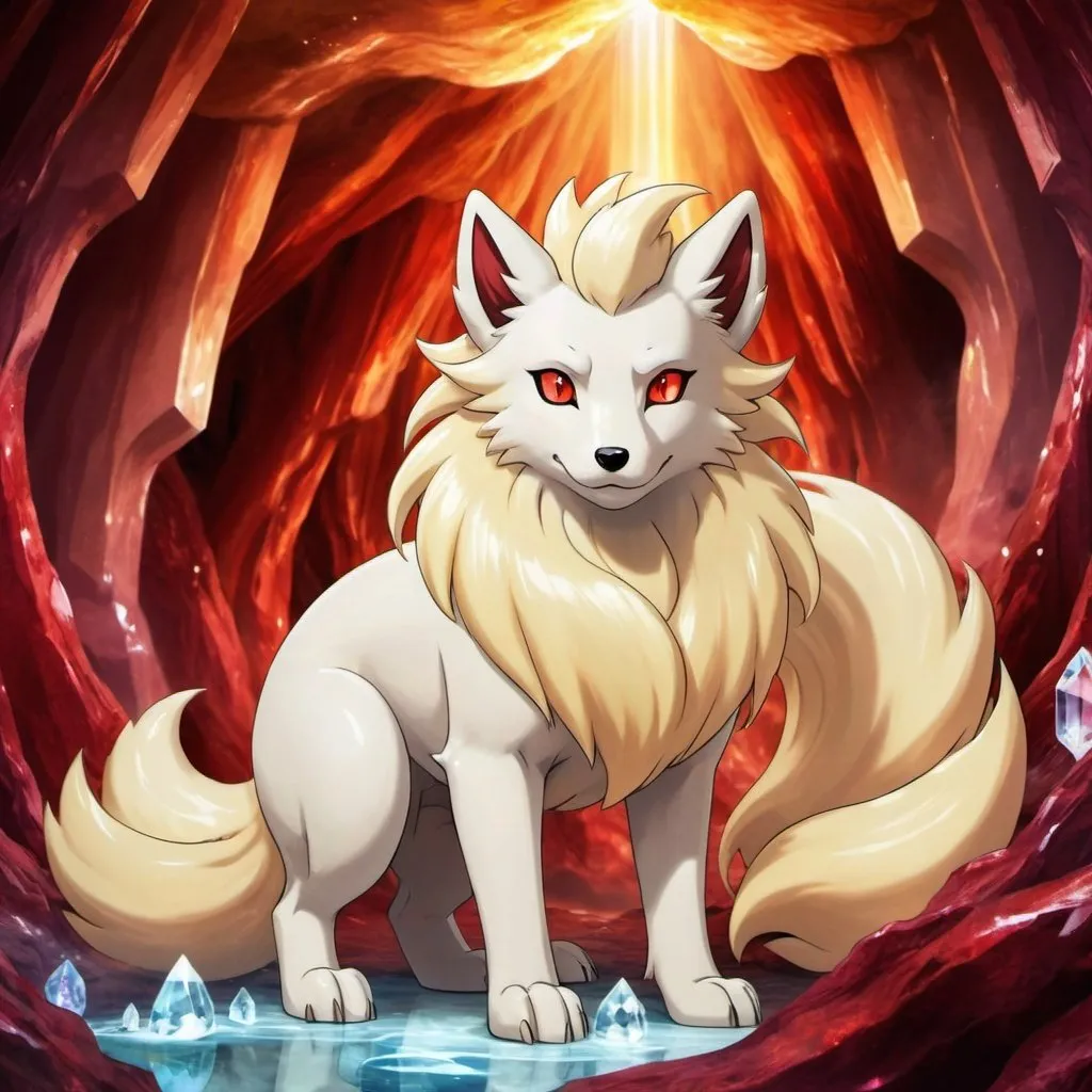 Prompt: portrait of a beautiful Ninetales, with glistening gold fur and deep crimson eyes, in a crystal cave with a crystal waterfall in the background, gorgeous, warm, stunning, pokemon Ninetales, fire fox
