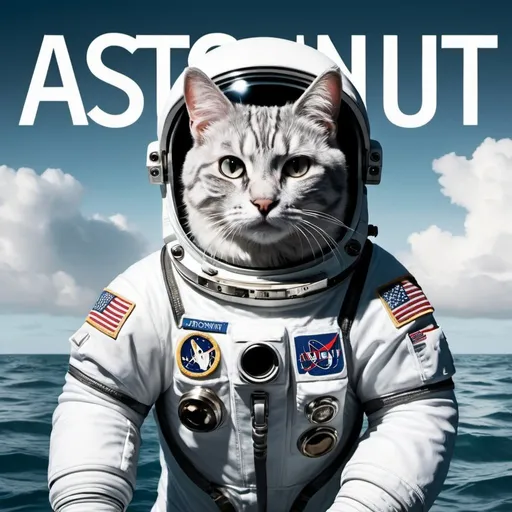 Prompt: white and gray cat in astronaut suit in the ocean with big bold letters at the top saying astronaut in the ocean detailed