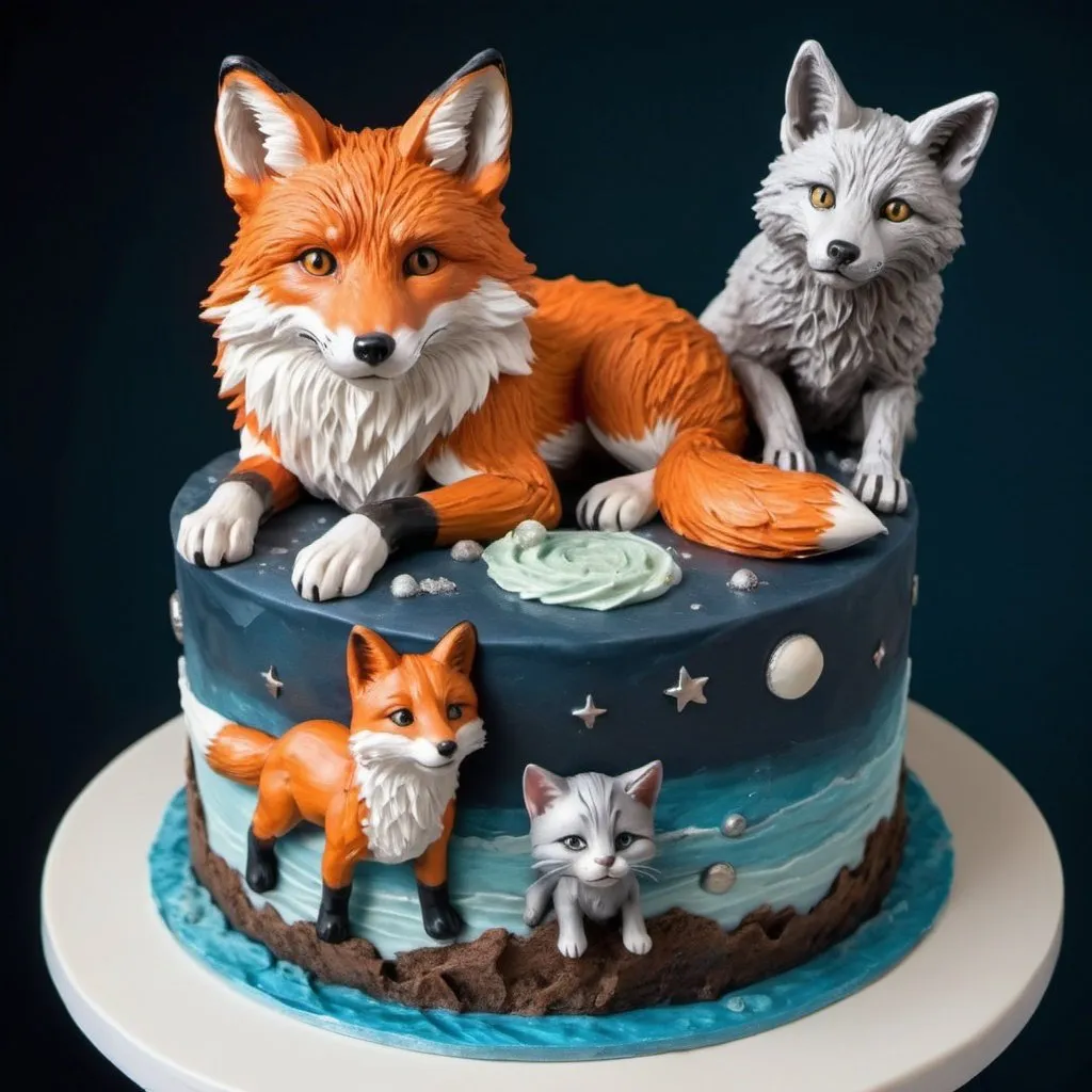 Prompt: a fox astronaut in the ocean, a gray wolf astronaut on cake, and a cat astronaut in space, detailed hyper realistic the wolf dose not look like a fox the fox looks like a fox