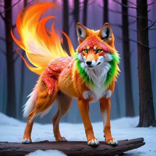 Prompt: fire elemental red wolf, feral fox, kitsune, nine-tailed fox, fire lilac fur, bright rainbow green aurora eyes, periwinkle orange ears, frost, falling fire, shattered fire, soft moonlight,stunning youthful vixen, gazing at viewer, gorgeous, muscular forelegs, athletic, agile, small but absurdly powerful, enchanting, timid

