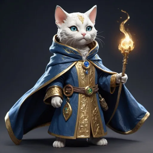 Prompt: high resolution, high fantasy, tiny anthropomorphic cat, Spellcaster, fine clothing, a blue gold cloak,
